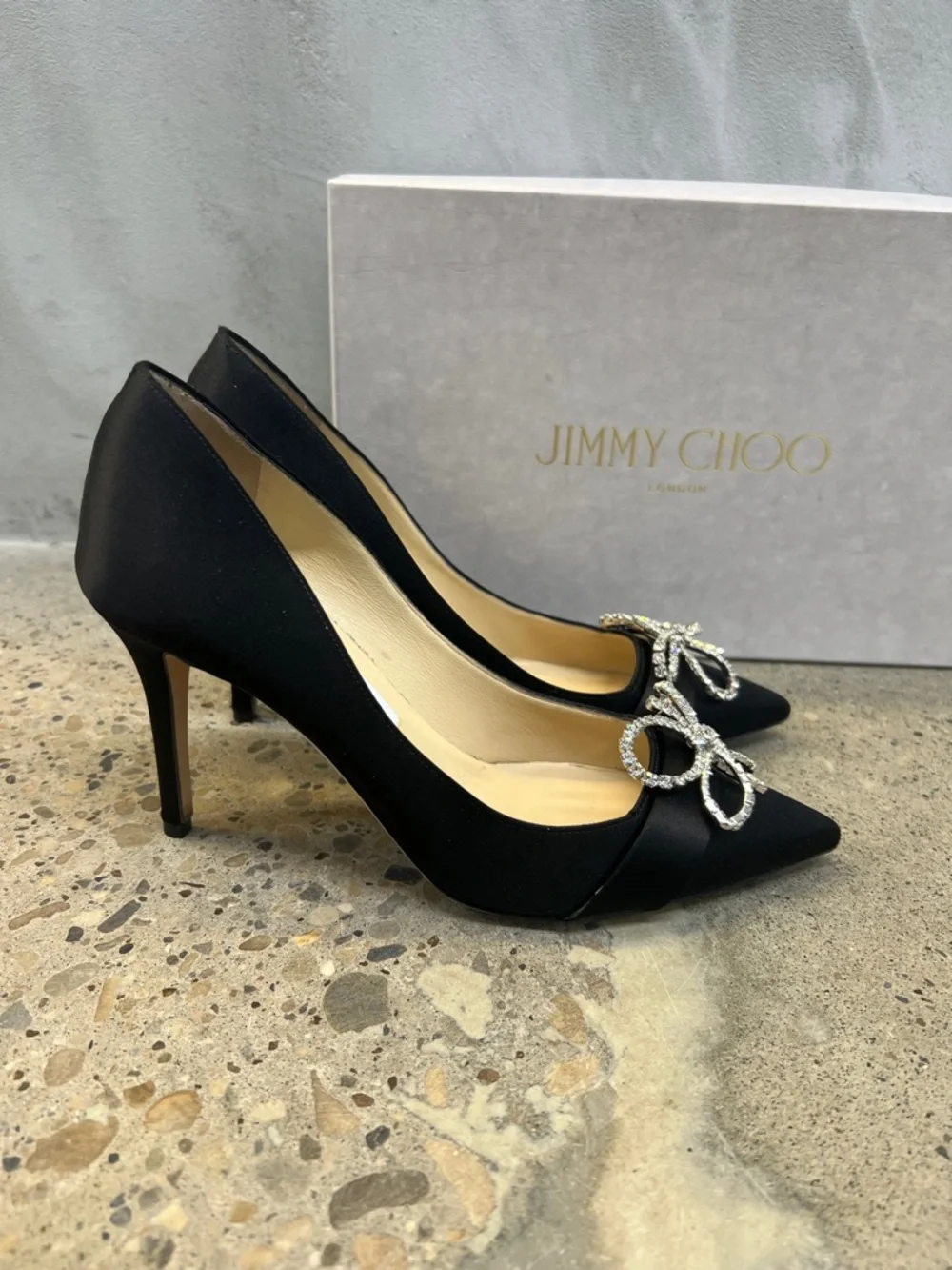 Jimmy Choo Black Satin Pointed Toe Pumps with Crystal Bow - Picture 1 of 6